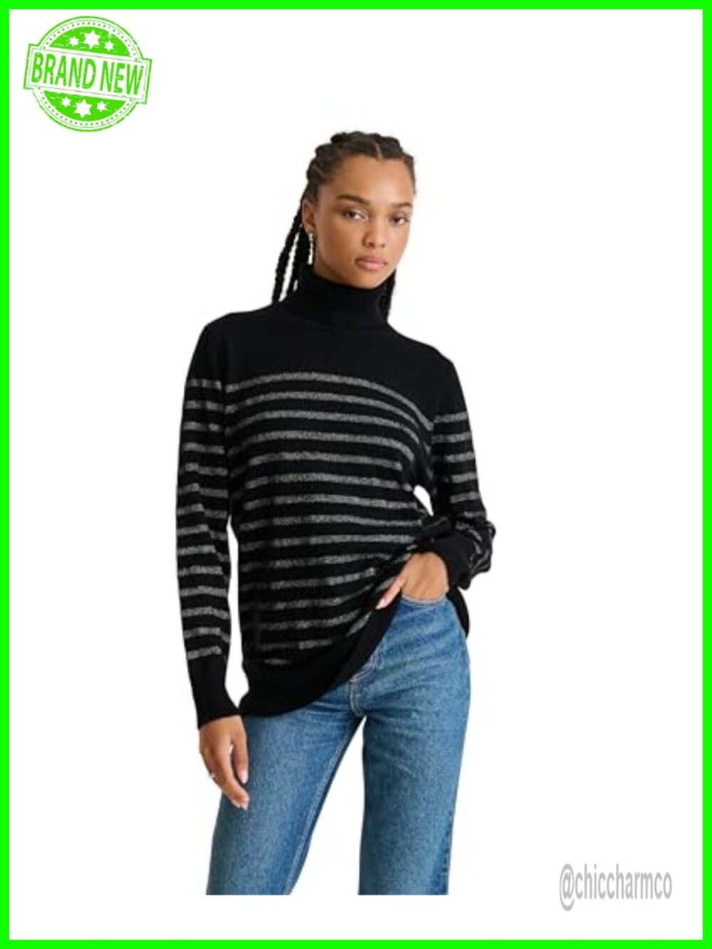 100% Cashmere Turtleneck Sweater with Lurex Stripes Relaxed Fit Pullover